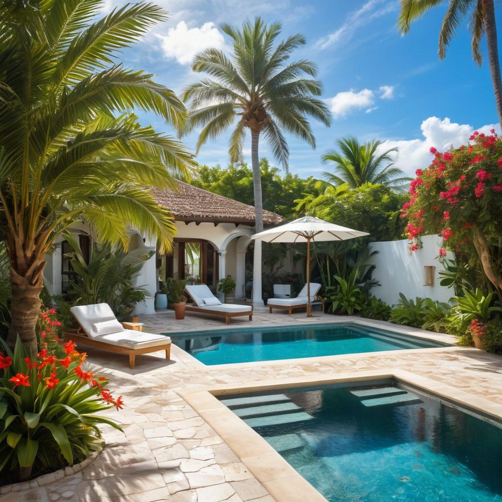 A serene sunny villa nestled among lush greenery, with bright flowers blooming and a sparkling blue pool reflecting the sun. The scene includes a comfortable lounge area with palm trees swaying gently, and a hammock invitingly hanging between two trees. The sky is a brilliant azure, with soft white clouds drifting lazily by. Inviting and tranquil atmosphere, perfect for relaxation and escape. super-realistic. vibrant colors. tropical theme.