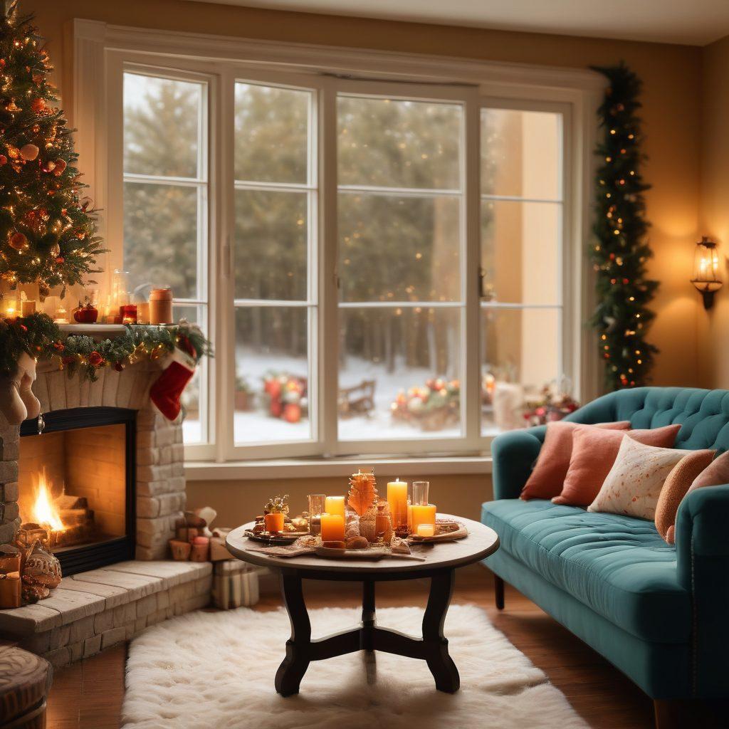 A cozy holiday home filled with warm, inviting colors, depicting a beautifully decorated living room with twinkling fairy lights, a fireplace, and a large window showcasing a serene winter landscape outside. Include a table with festive treats and a family enjoying happy moments together. Emphasize joy and comfort in a cheerful atmosphere. cozy illustration. vibrant colors. soft focus.