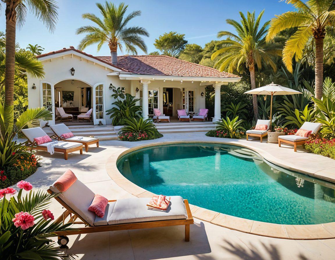 A serene sunny villa surrounded by lush greenery and blooming flowers, with a sparkling pool reflecting sunlight, hammock swaying gently under palm trees, and a distant view of rolling hills. Soft pastel colors evoking tranquility and luxury, inviting ambiance with a wooden deck and elegant lounge chairs. super-realistic. vibrant colors. natural lighting.